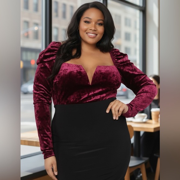 NEW•1X•WILLOW VELVET MERLOT ELEGANT SWEETHEART NECKLINE TOP - Picture 5 of 14